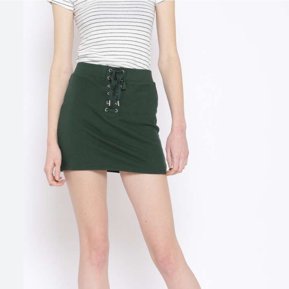 Mini Skirt Sweatshirt Lace Up - Hunter Green